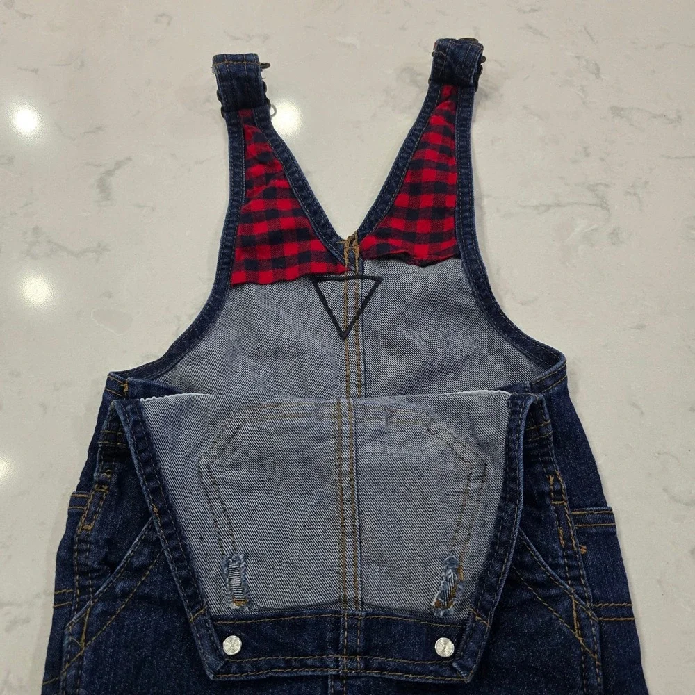 OshKosh Bgosh Kids Flannel Lined Denim Overalls Dark Wash Blue Red Plaid 18M